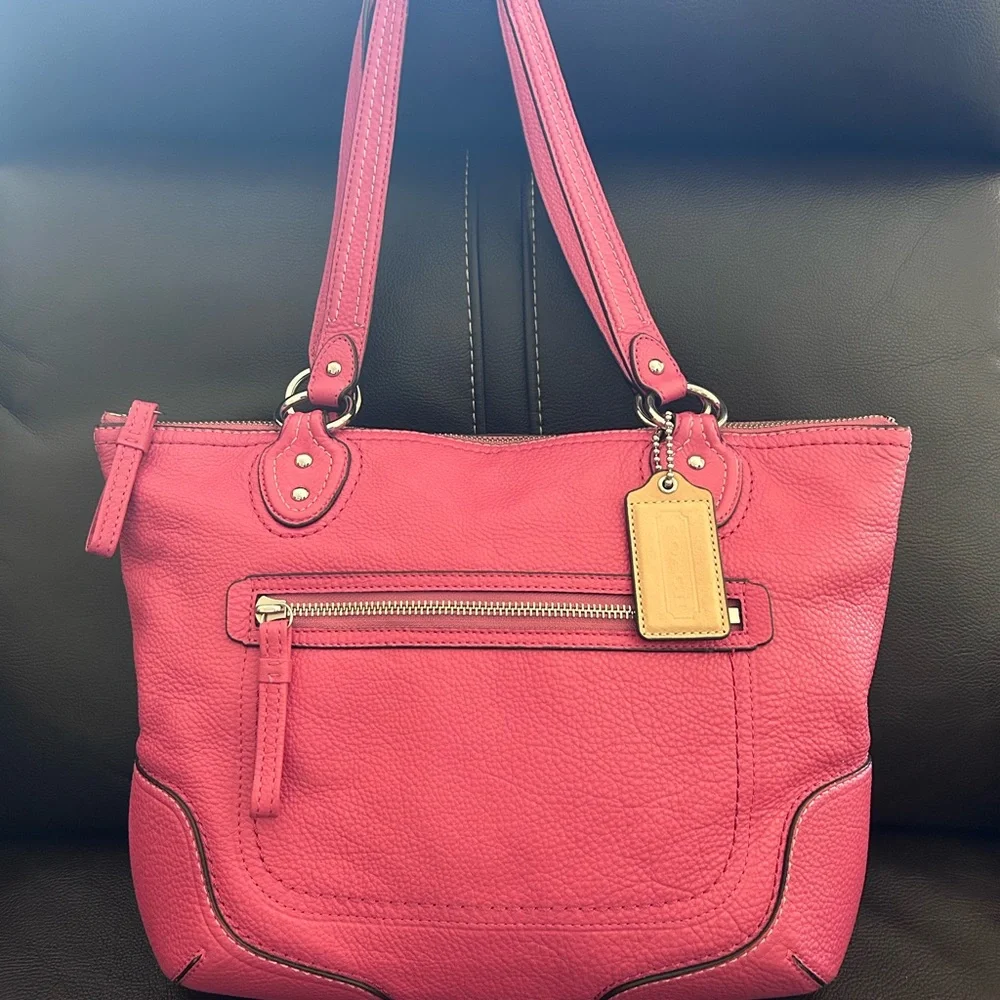 Coach Poppy Rose Pink Pebbled Leather Double Handle Handbag Tote 14" - Picture 3 of 9